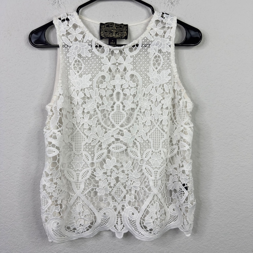 James Coviello Shirt Womens M White Lace Crochet Tank Top Boho Festival Romantic